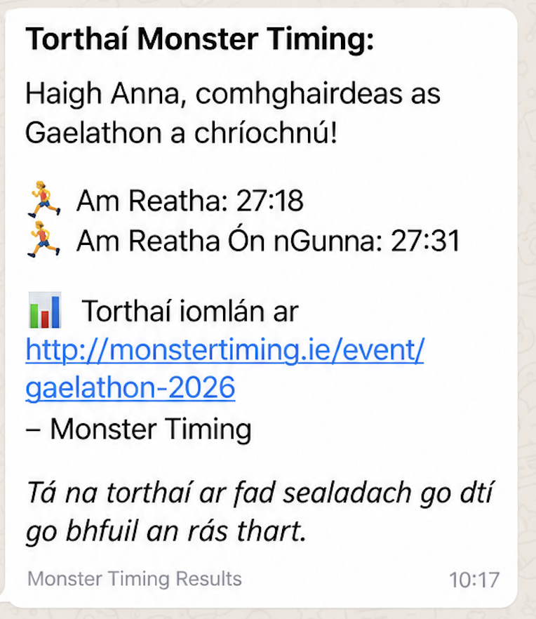 Irish-language Gaelathon WhatsApp results message from Monster Timing with finish times and a full-results link